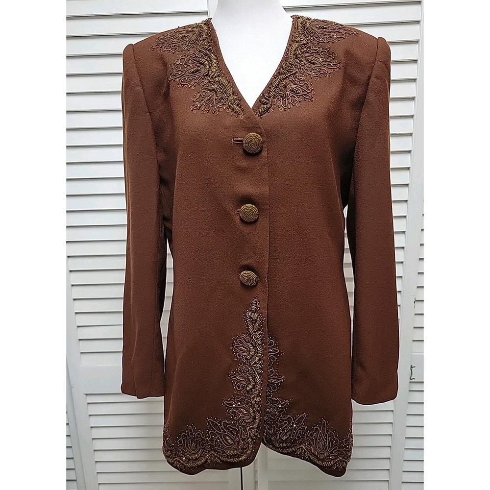 VTG 80s Beaded Blazer Wool Brown John Meyer Norwich Women's SZ 10 Shoulder Pads
